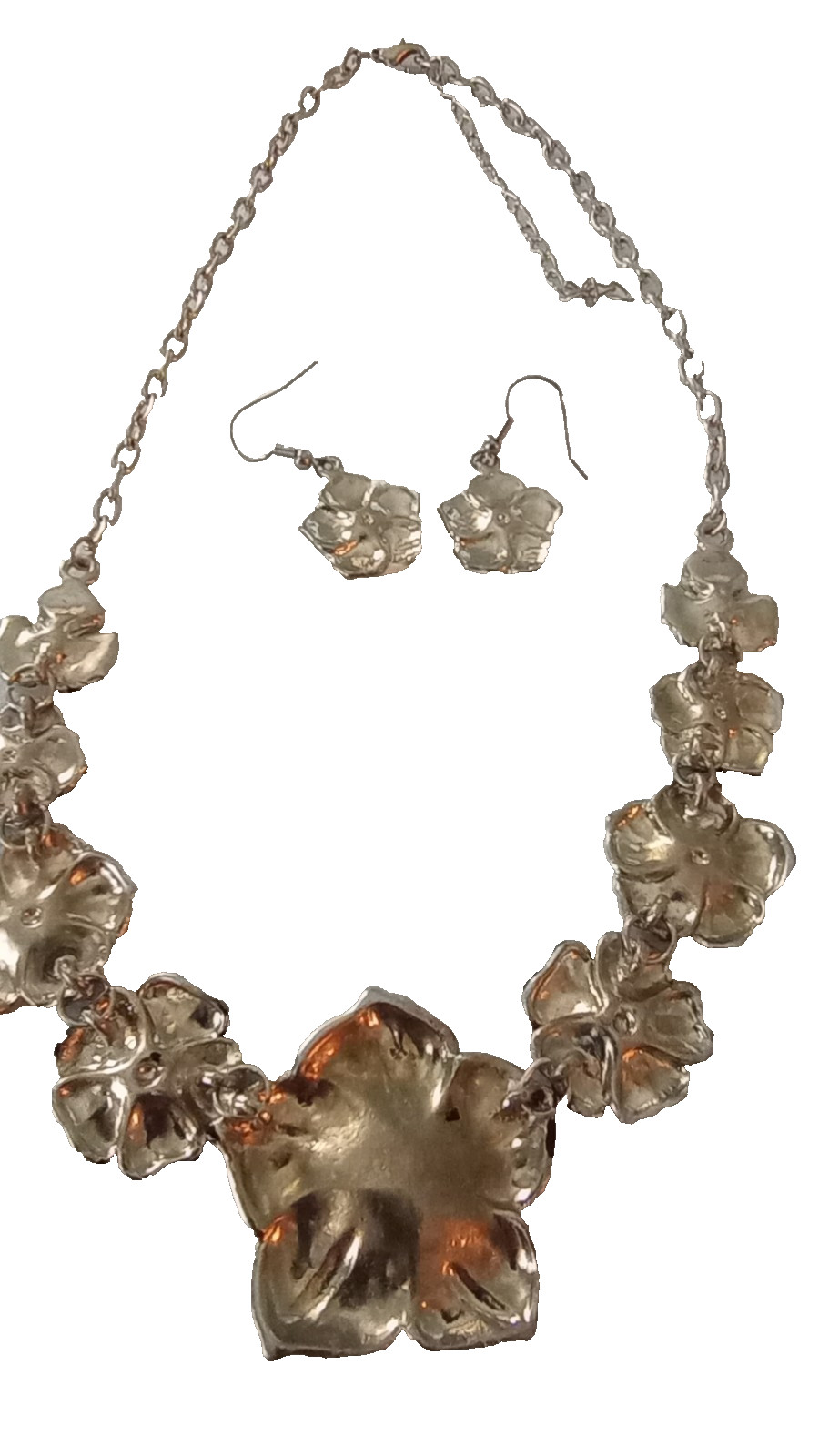 Vintage Floral Enamel Necklace Earrings Set Black Antiqued Cream 15 to 18 in