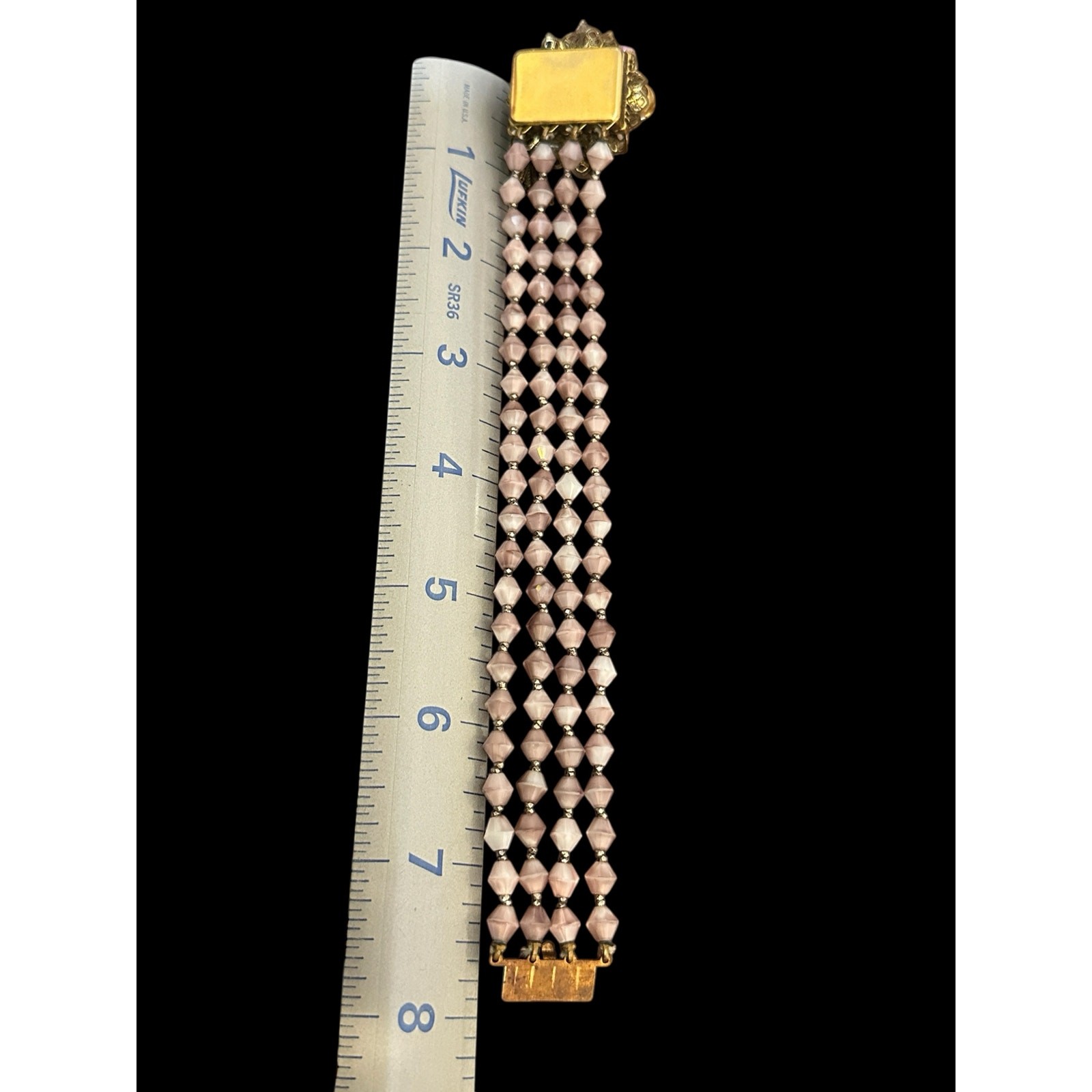 Vintage Pink Opaline Glass Multi Strand Bracelet AB Rhinestone Floral Tassel