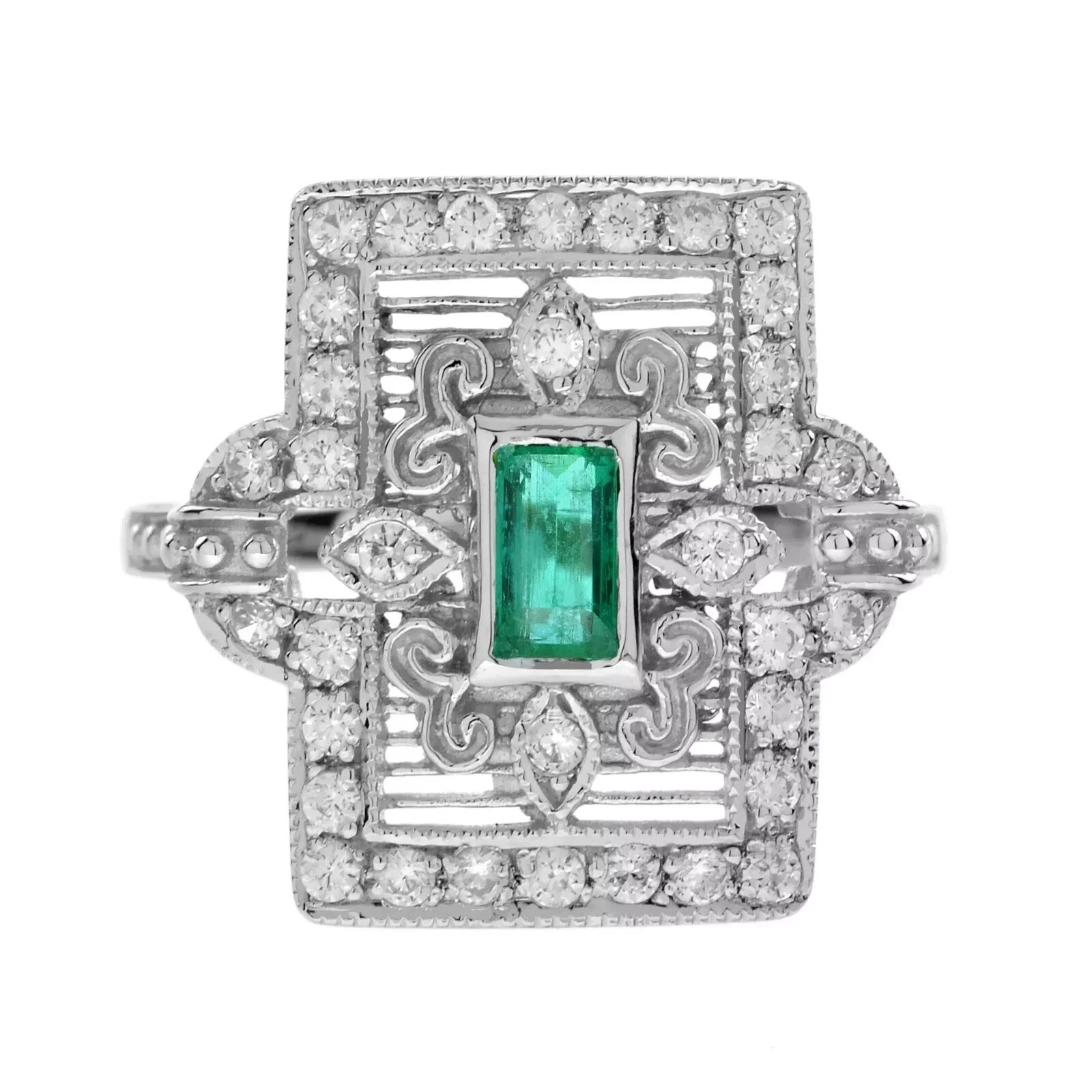 2.84Ct Art Deco Style Green Lab Created Emerald & Diamond 14K White Gold FN Ring