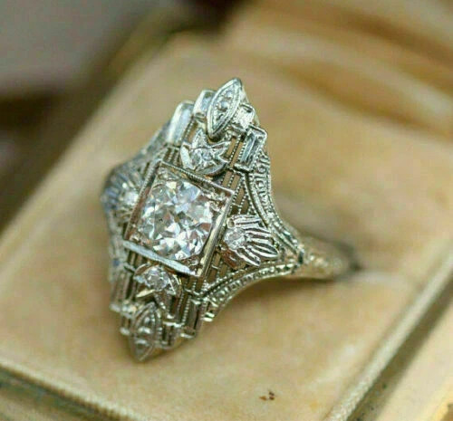 Vintage Art Deco Style Lab Created Diamond Filigree 14K White Gold Finish Ring
