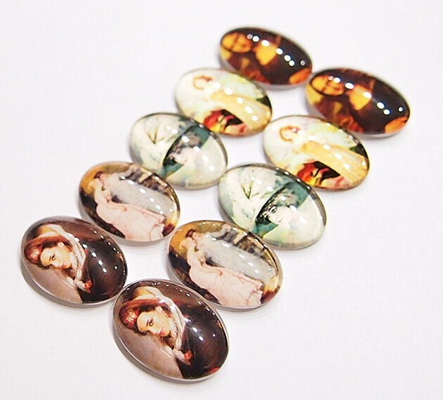10 of 25x18mm Glass Victorian Art Deco Women Cameos, 5 Different Scenes, Nice