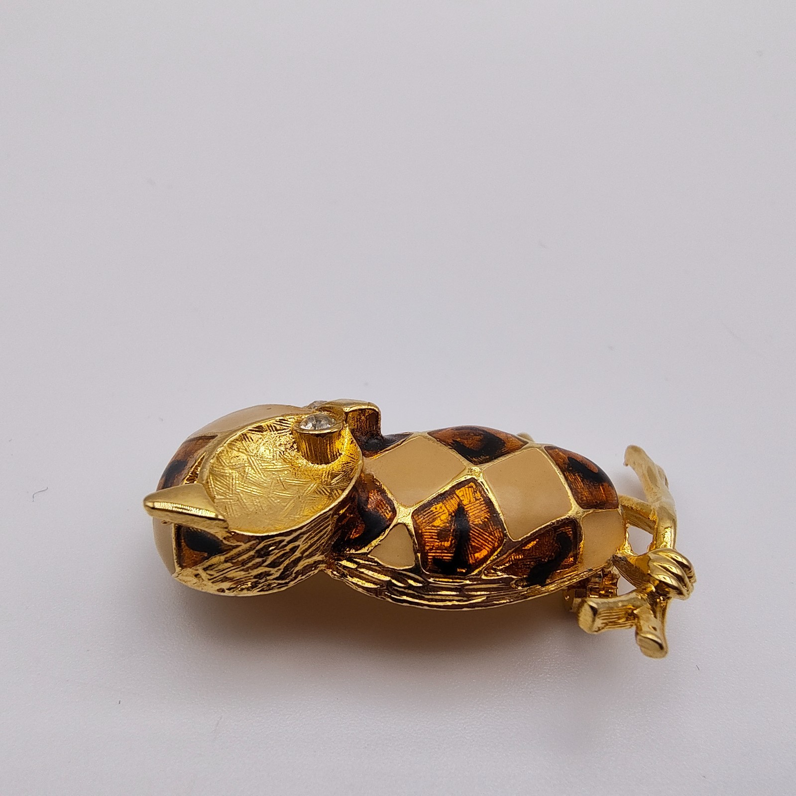 Vintage Owl Brooch Gold Tone Brown Tan Harlequin Enamel Rhinestone Eyes Retro