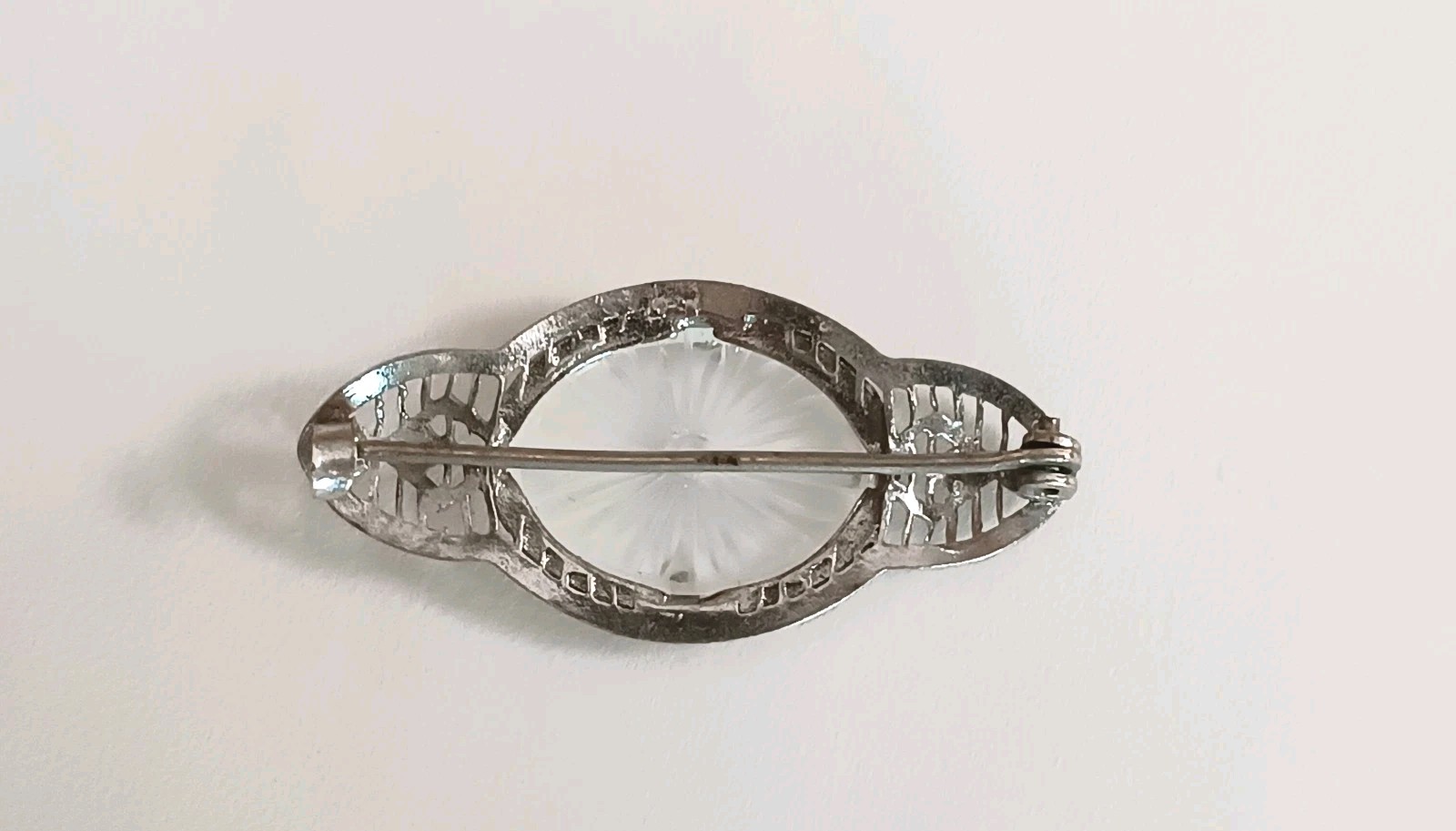 Antique Vtg Camphor Glass Brooch Bar Pin Oval Filigree Silver Tone