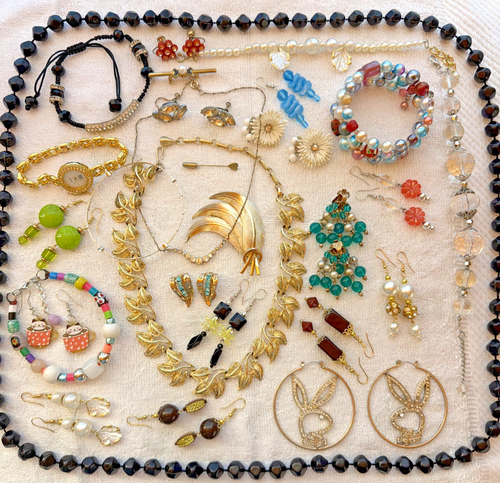 Estate Jewelry Lot Of 42 Items Brooch Pin Earrings Necklaces Watch Some Signs