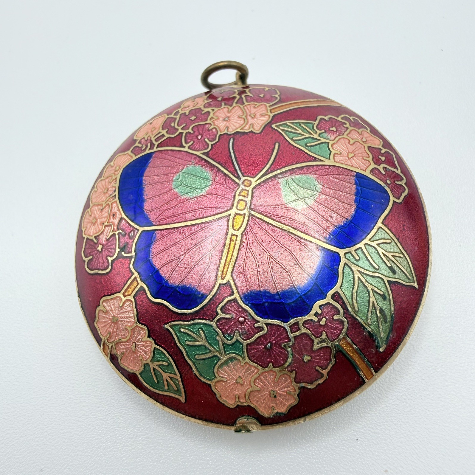 Vintage Cloisonne Butterfly Pendant Enamel Red Blue Peach Floral Double Sided
