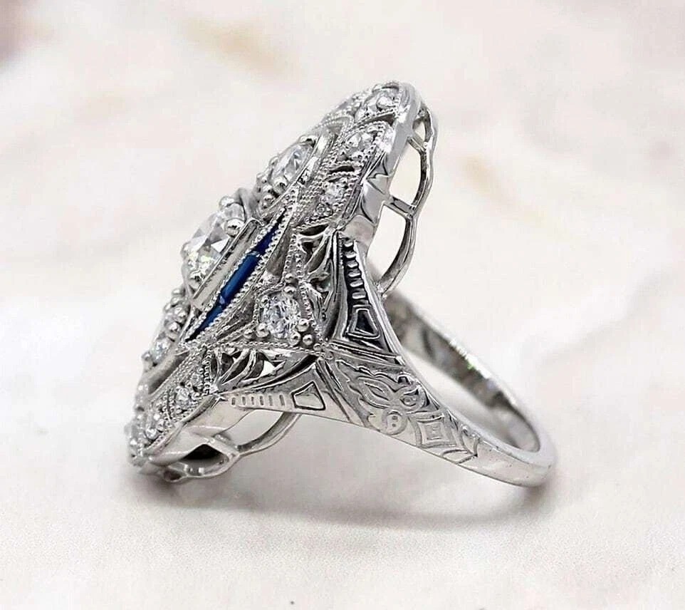 Share Art Deco Vintage Style Lab Created Diamond Wedding Anniversary 925 Silver