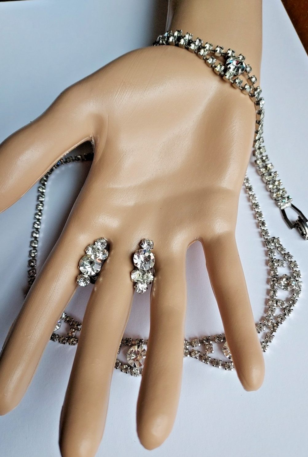 Rhinestone Parure 3 Piece Crystal Clear Bracelet Earrings Necklace Vintage Set
