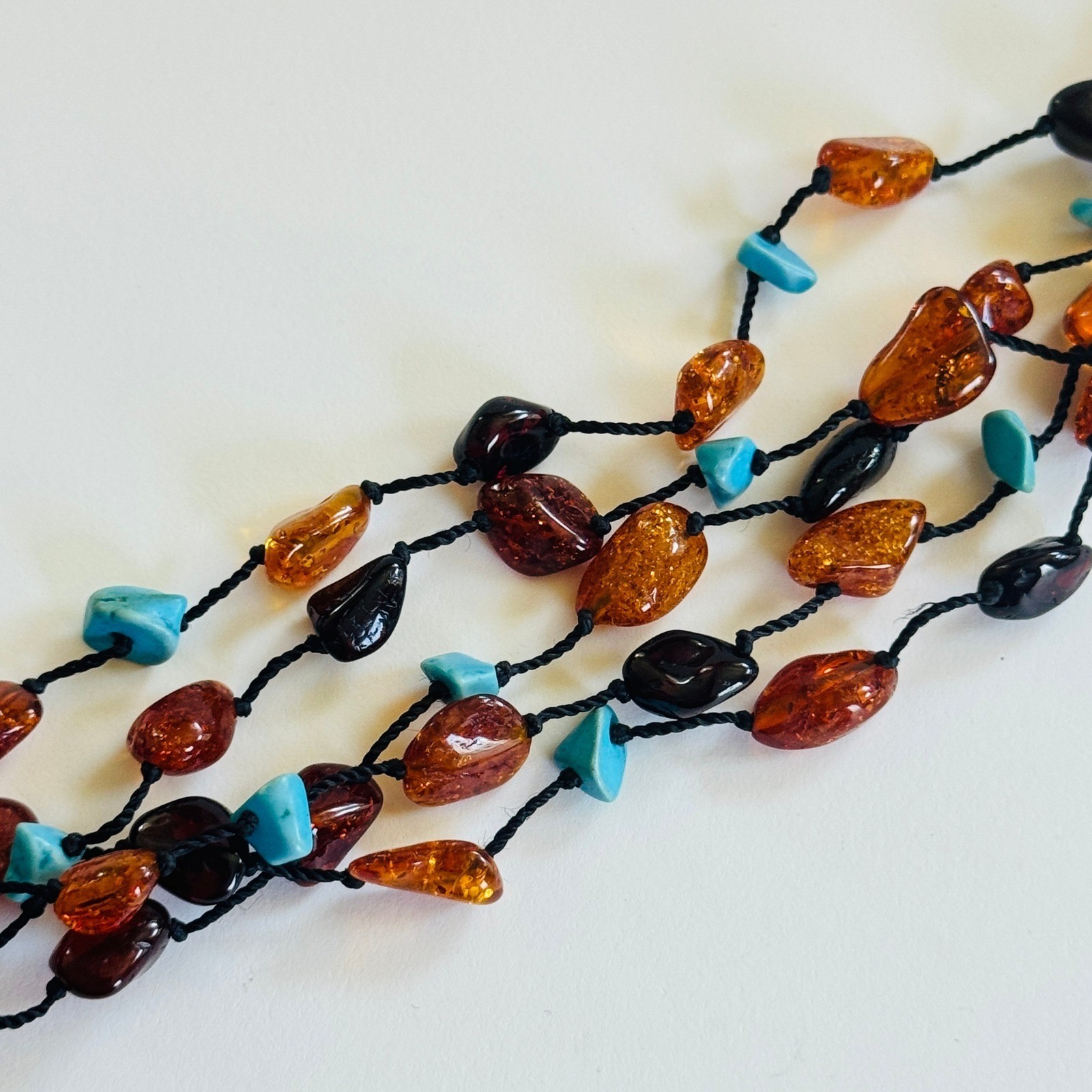 Baltic Amber Turquoise Bracelet multi strand BOHO Genuine Natural Beads 6.5″L