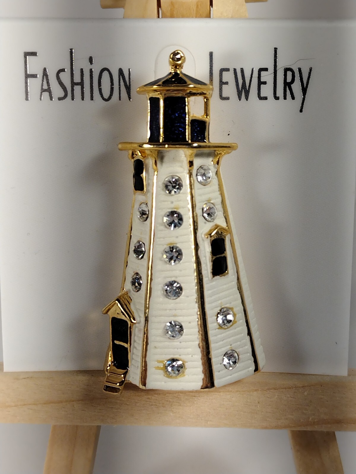 Vintage NOS Lighthouse w/Rhinestones & Enamel Fashion Brooch Jewelry Black Gold