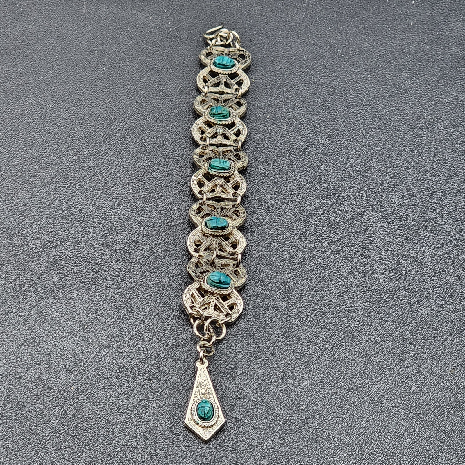 Vintage Egyptian Style Panel Bracelet Silver Tone Teal Stone Scarabs Style #1