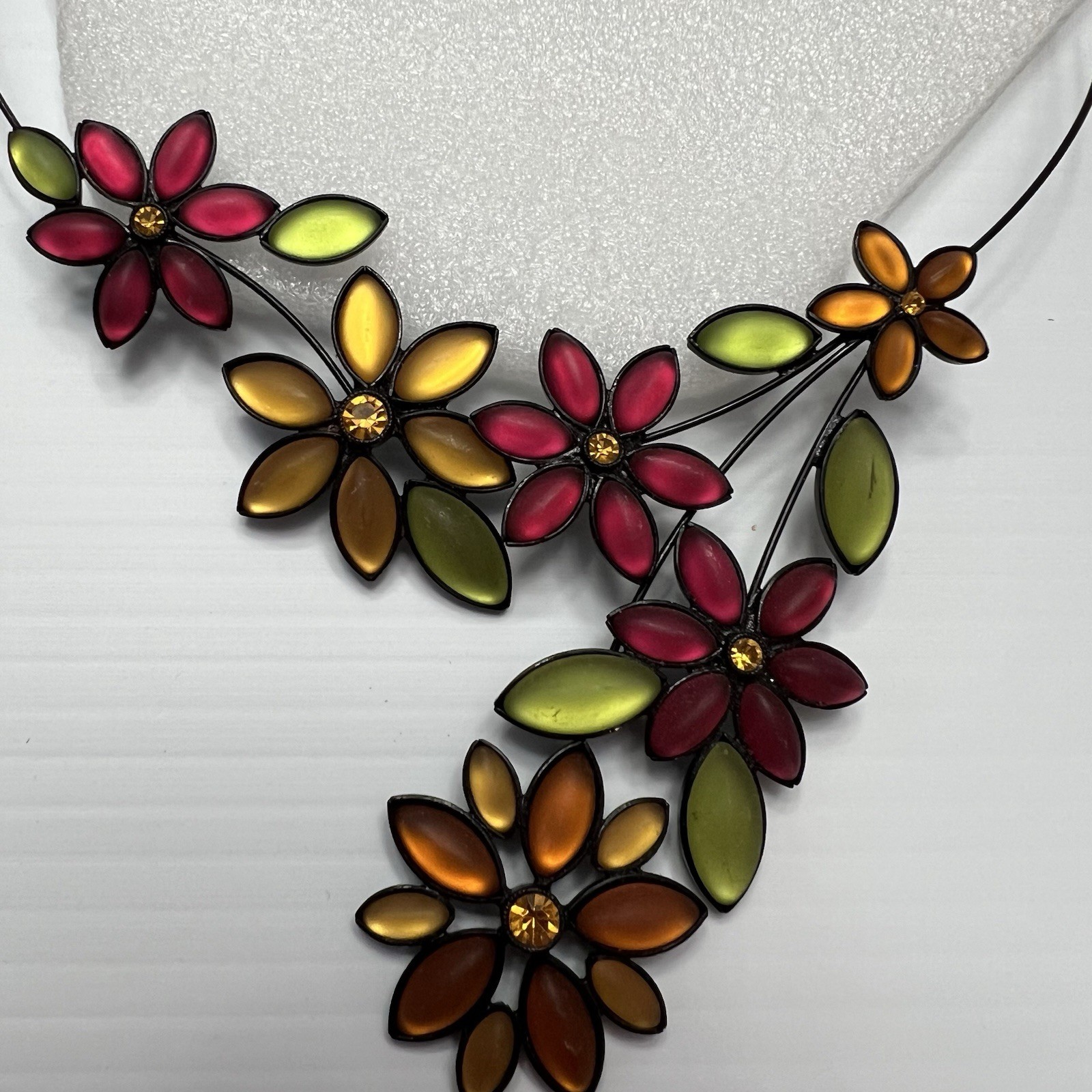 Vtg Set Black Shaped Wire Burgundy Olive Lemon Orange Stone Neck Choker Earring