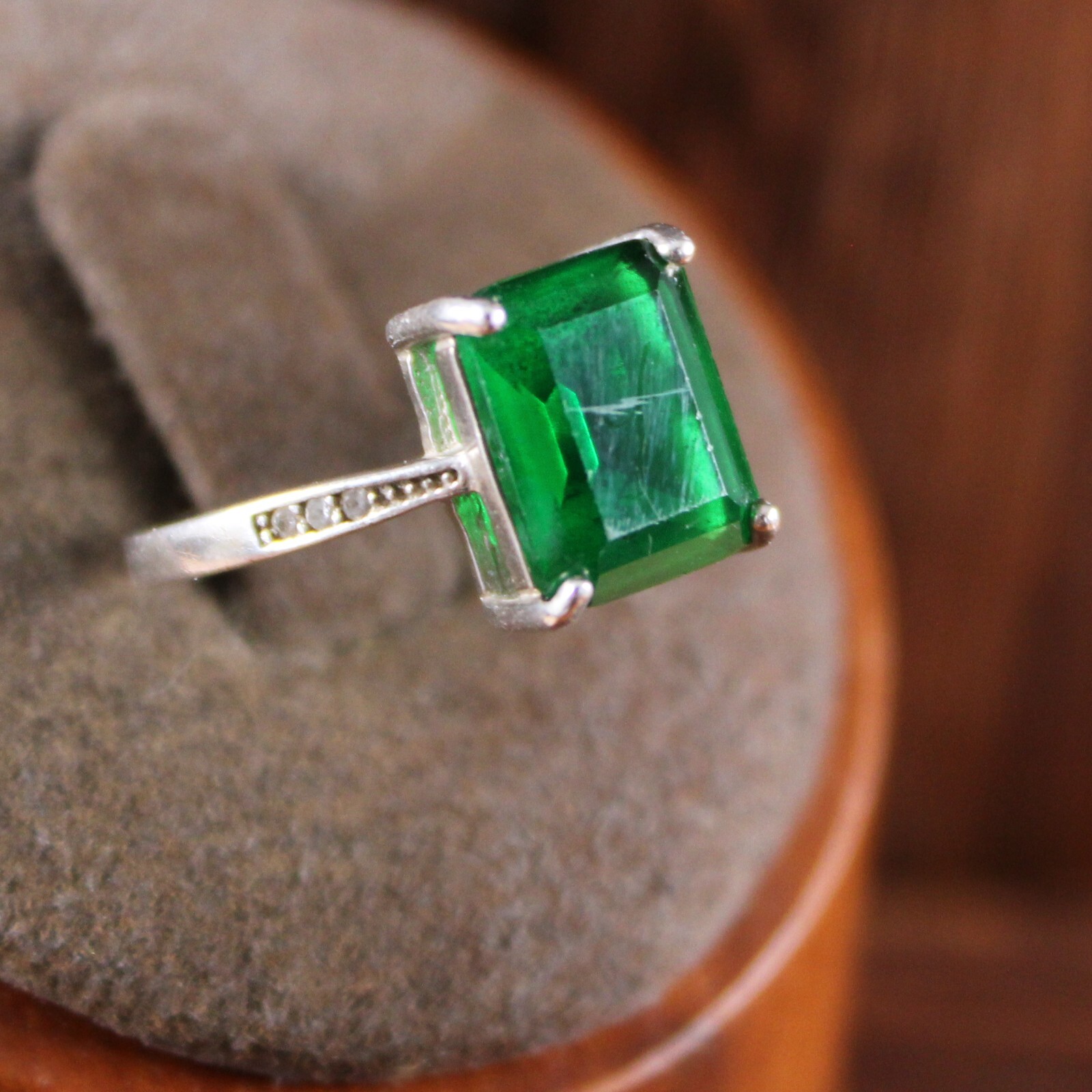 Lab Created Green Emerald Solitaire Ring Zircon Accent Sterling Silver Sz 6.25