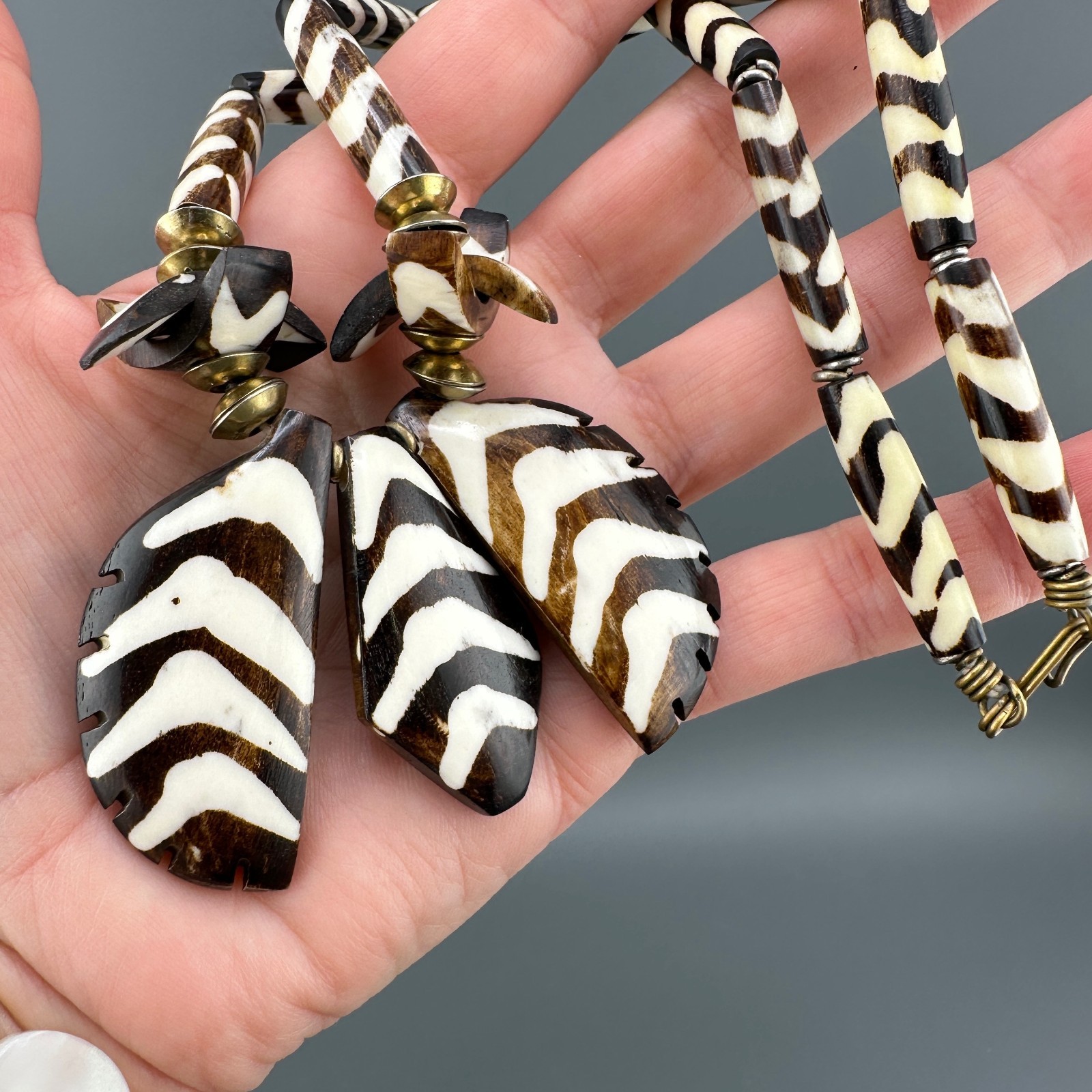Vintage African Tribal Necklace Earrings Set Batik Bone Brown Cream Bovine Boho