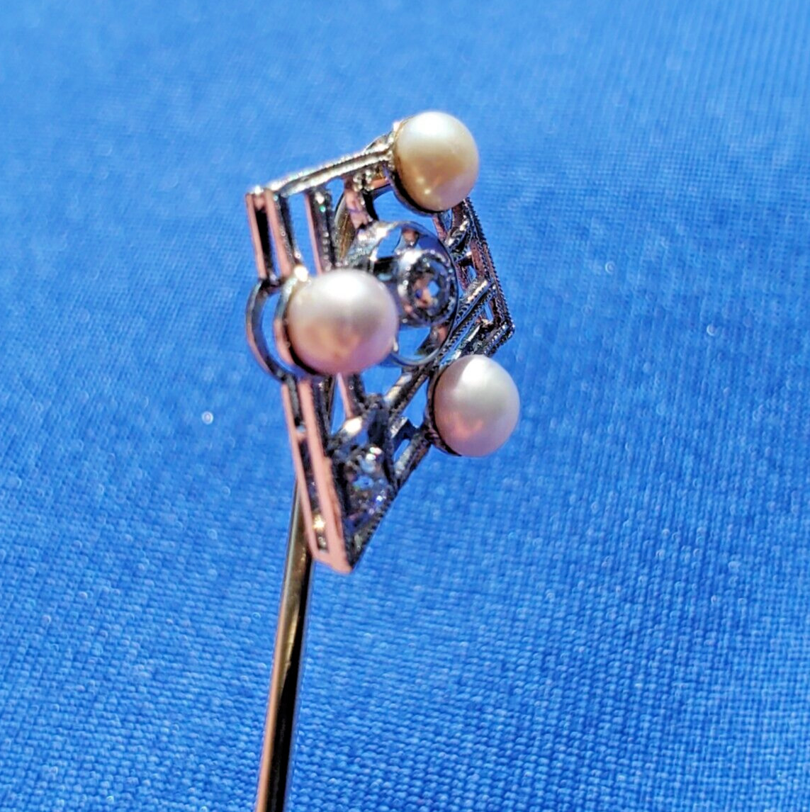 Original EARTH MINED DIAMOND Deco Gatsby era Pin Vintage Pearl 14K WHITE GOLD