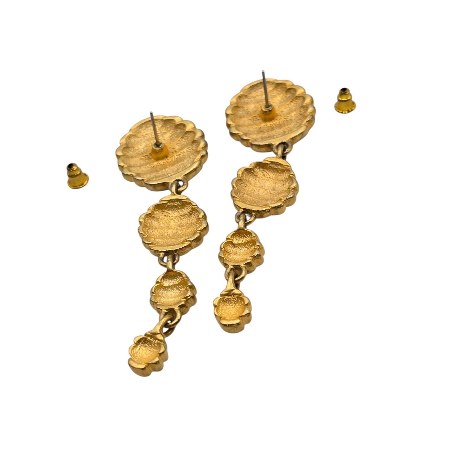 Pierced Earrings Ribbed Design Drop Flattened Dome Bead Gold Tone SKU 2484