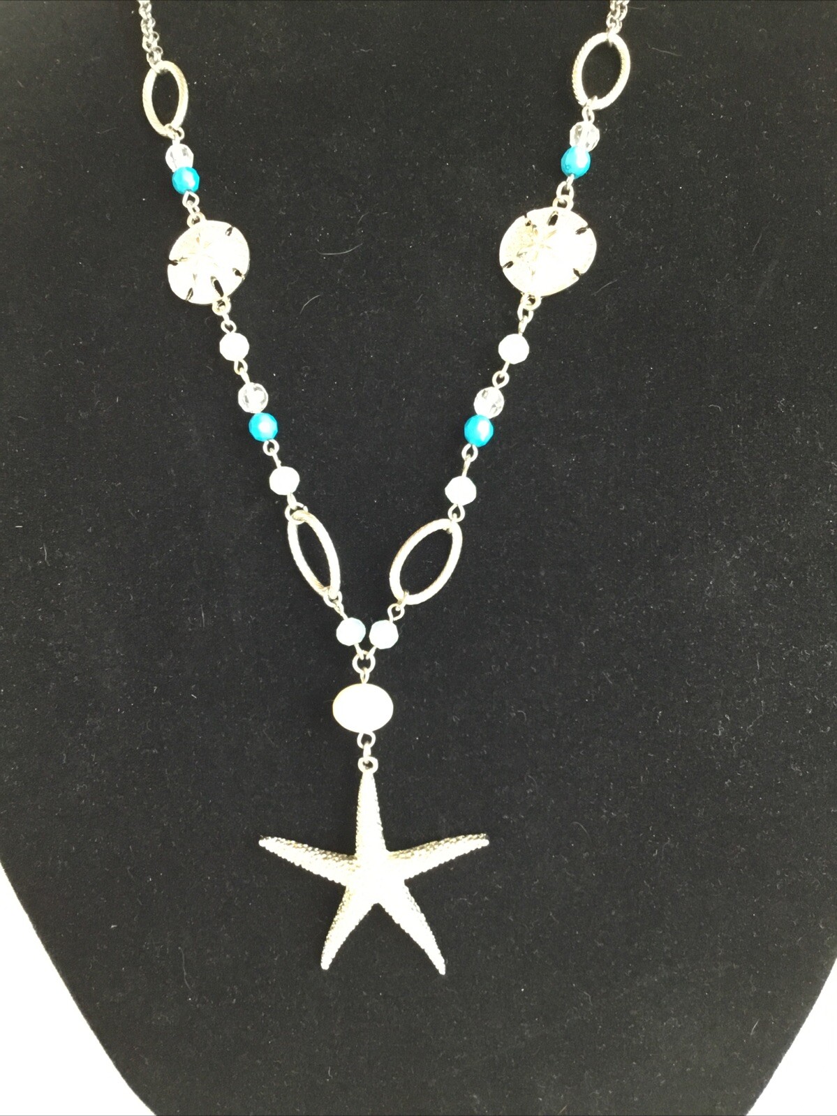Vintage Ocean Beach theme Starfish Sand Dollar charm necklace silver tone 15″