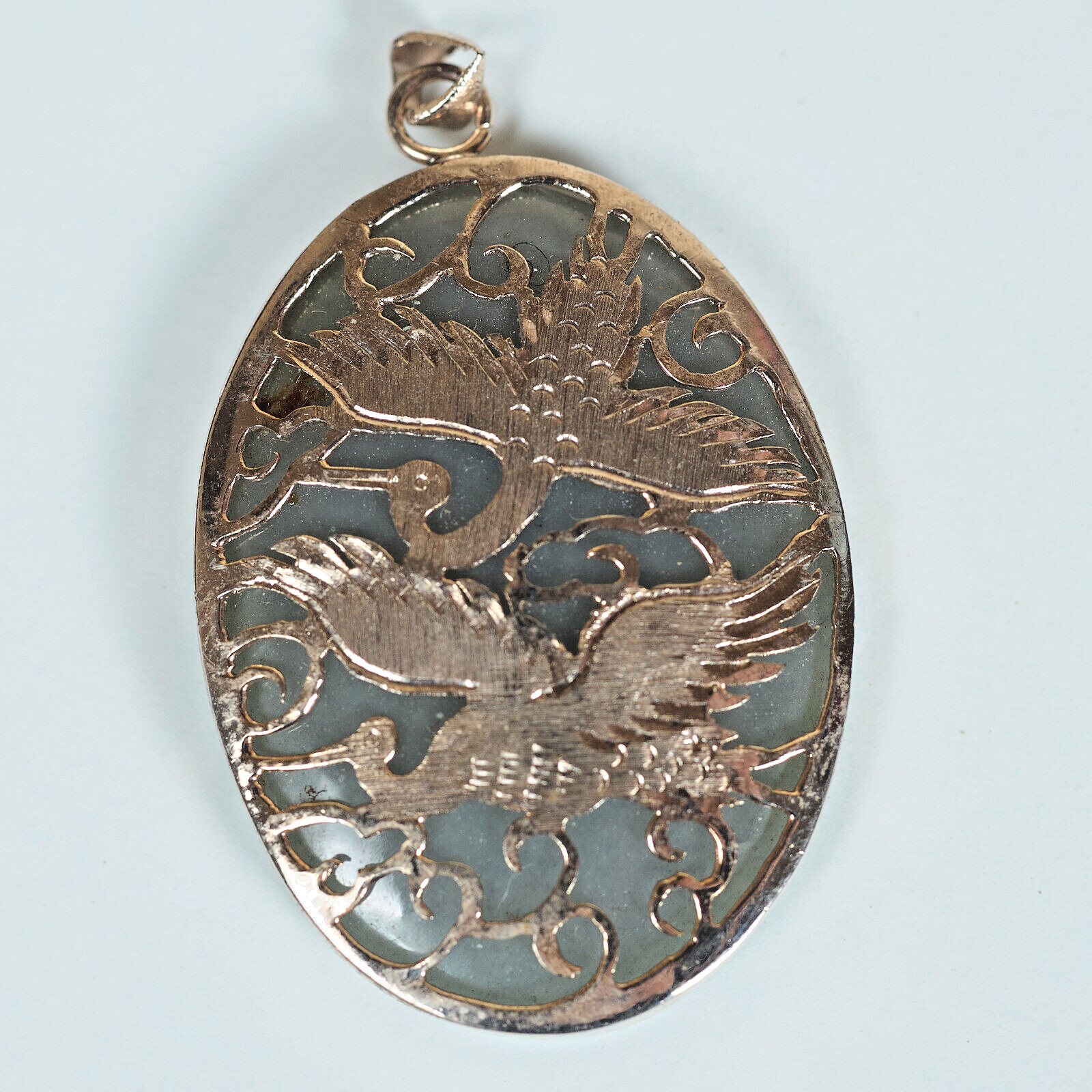 VTG 1970s/80s Asian 2 Cranes GP Open Metalwork on Oval Jadeite Pendant 1.75″Tall