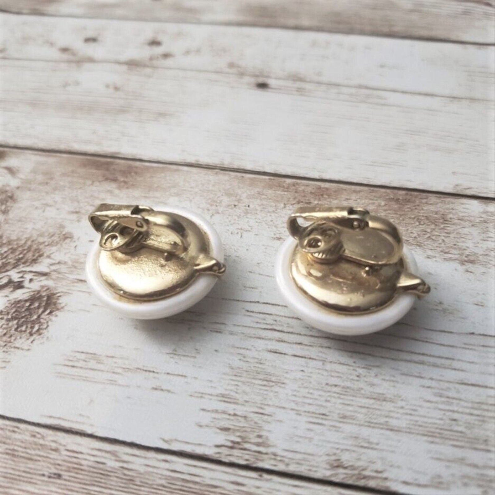Vintage Clip On Earrings – White Faux Pearl with Gold Tone Lower Detail