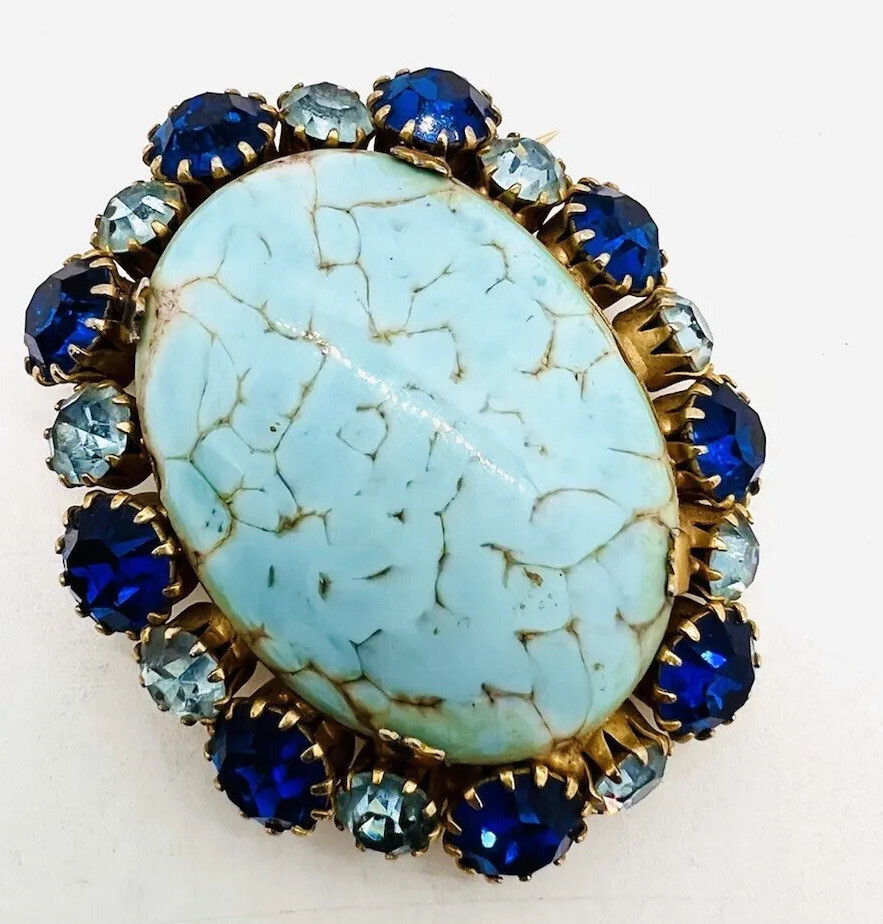 Large Czech Hubbell Glass & Jewel Tone Rhinestone Brooch Vintage Jewelry