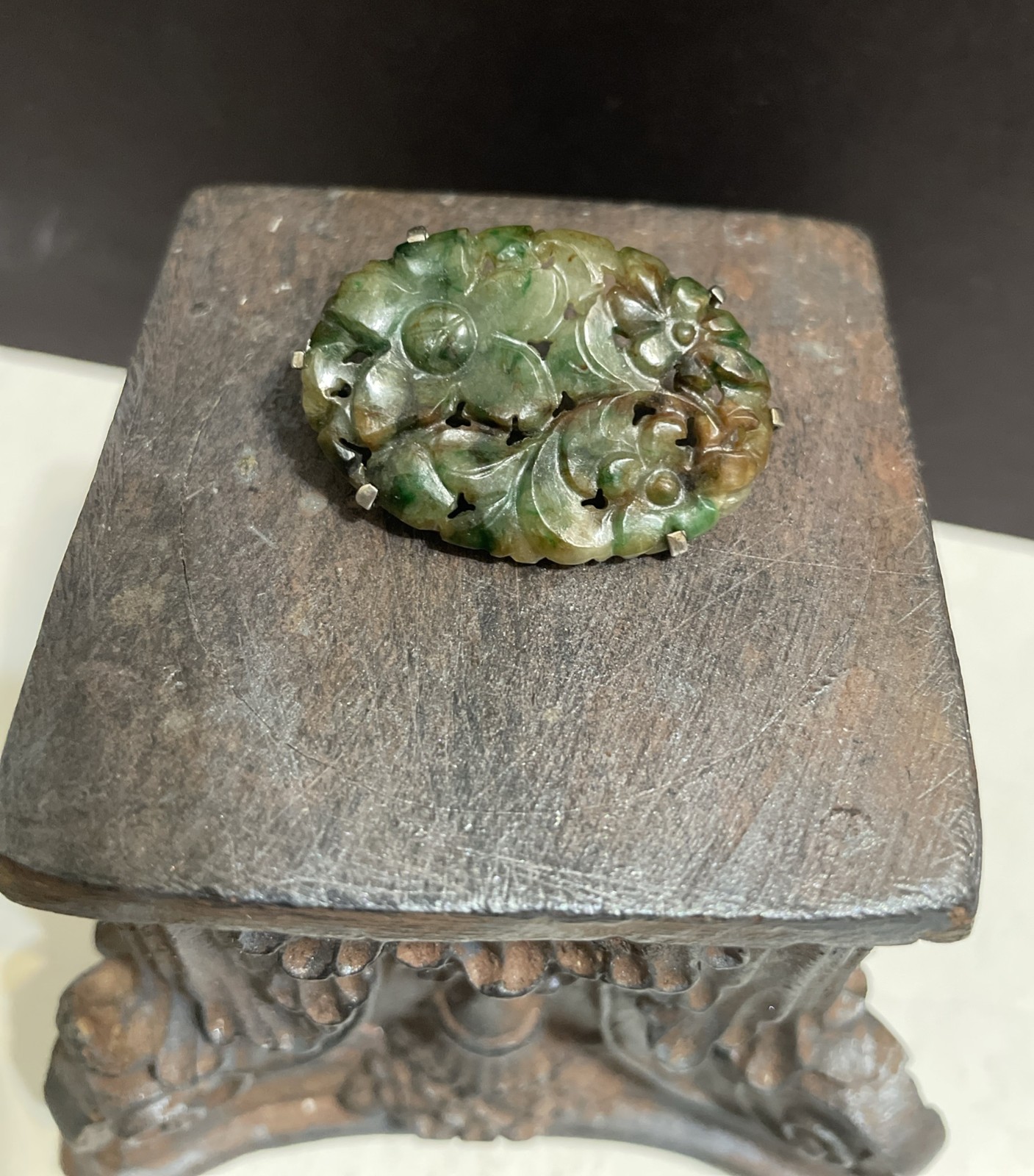 Vintage Floral Carved Green & Brown Jade Jadeite Sterling Silver Brooch Pin