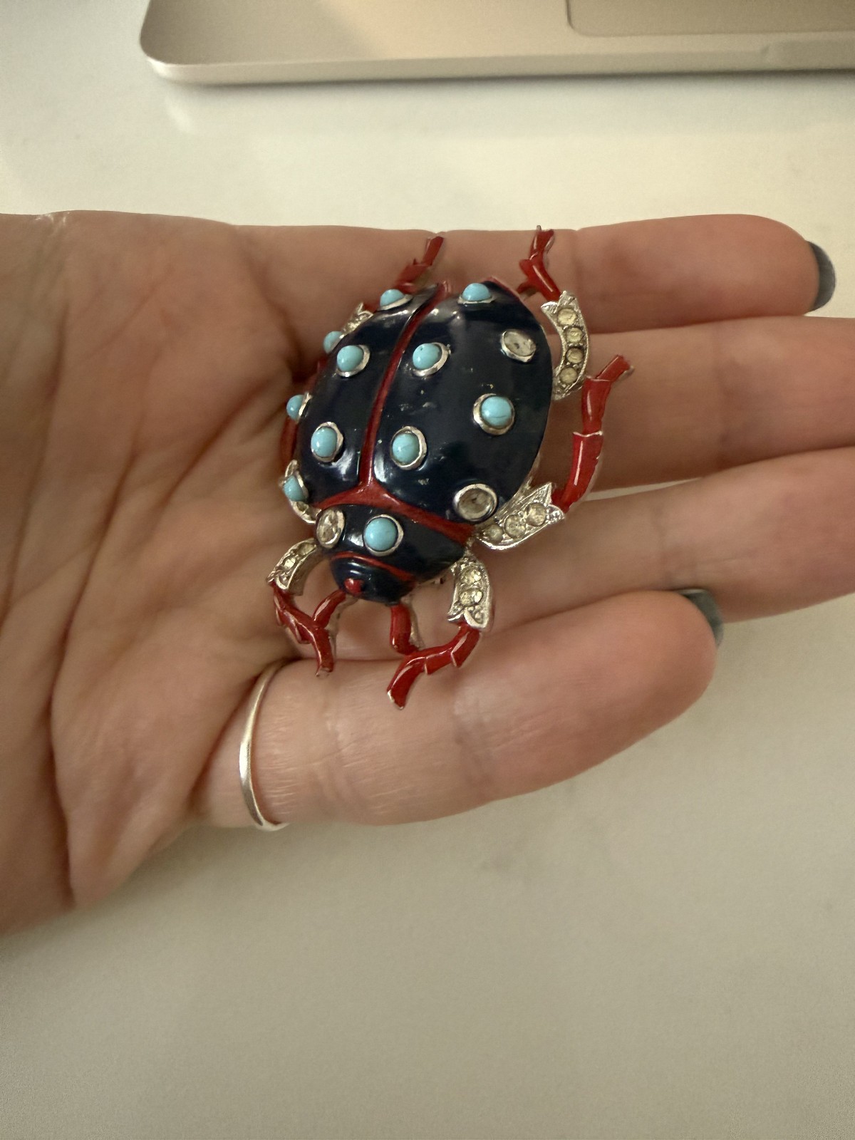 Trifari ‘Alfred Philippe’ Pave Navy Enamel/Turquoise Cabochons Ladybug Pin Clip