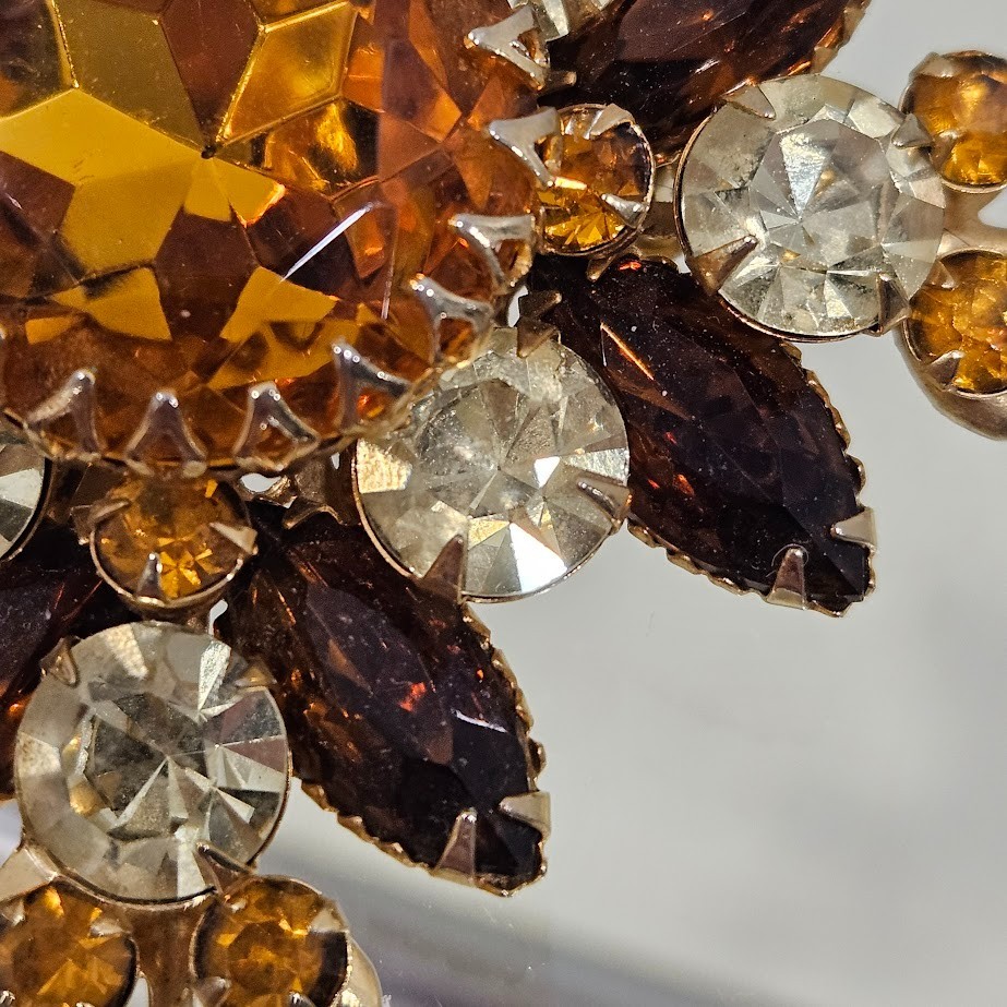 Judy Lee Vintage Golden Brown Yellow Stones Layered Flower Gold Tone Brooch Pin