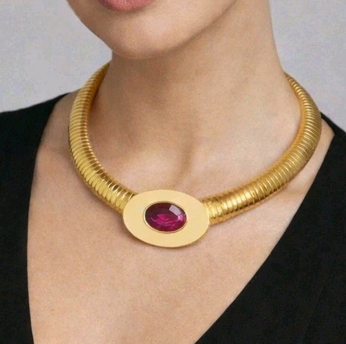 Vintage Yves Saint Laurent YSL Pink Crystal Tubogas Cream Enamel Collar Necklace
