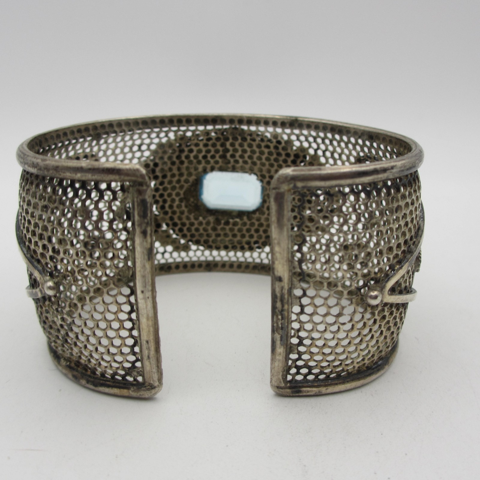 Vtg Silver Mesh Cuff Bracelet Renaissance Revival Artisan Filigree Blue Glass