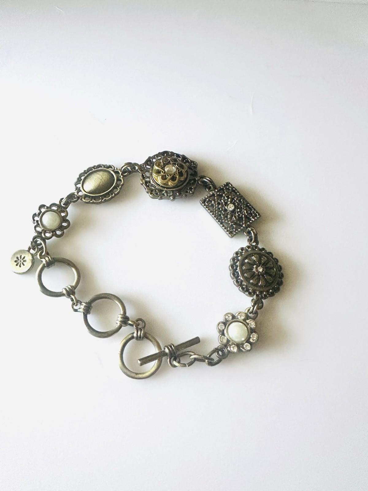Vintage Style Mixed Metal Link Bracelet Faux Pearl Filigree Toggle Clasp Boho
