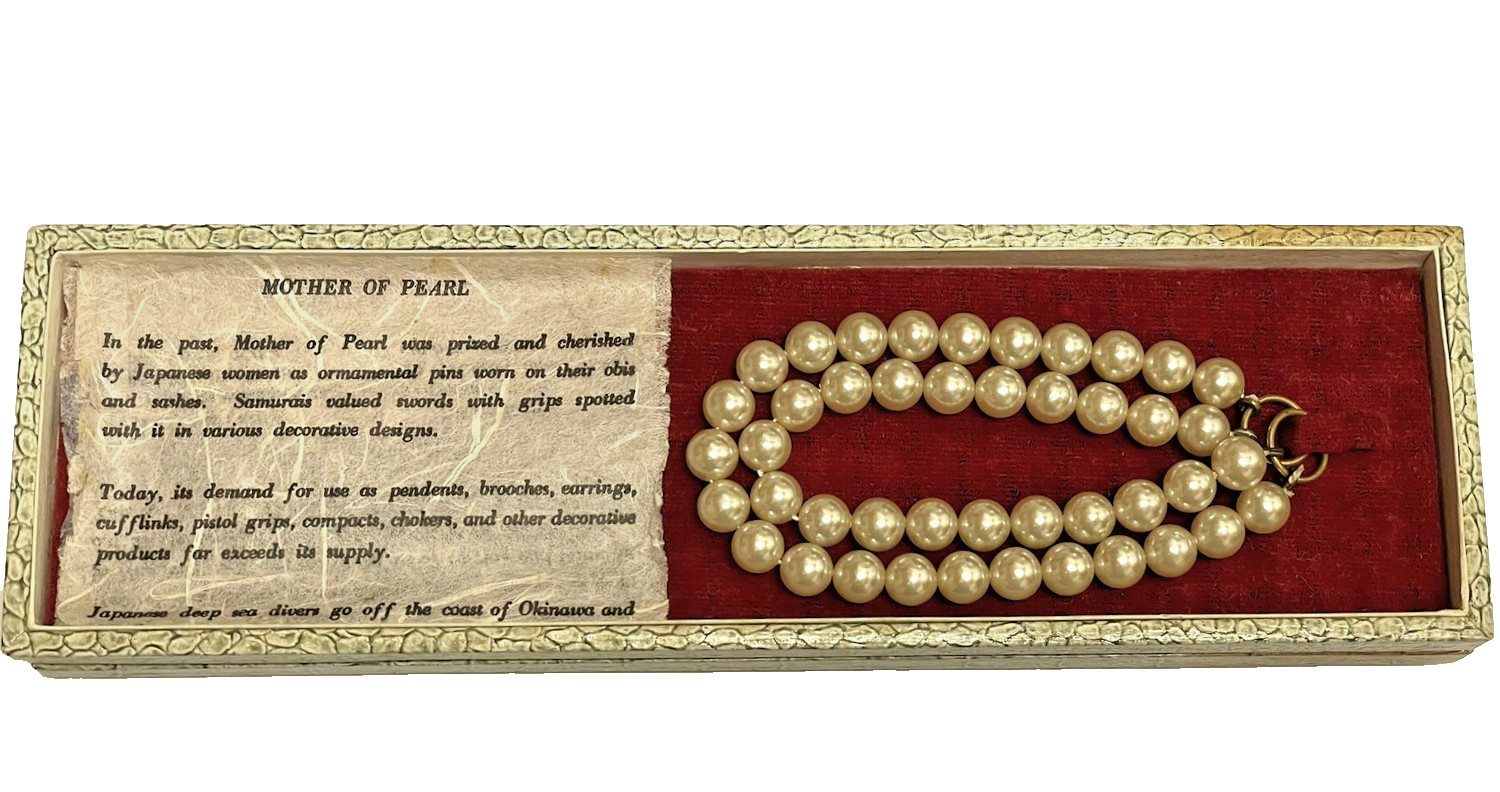 Vintage Double‑Strand Faux Pearl Sweater Guard – Japan Nissei Co. – Original Box