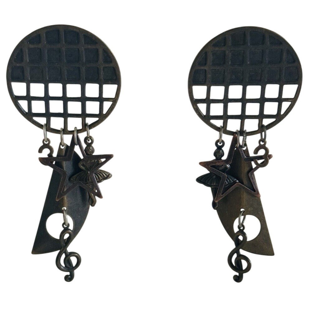 Statement BOHO Earrings VTG Star Ballerina Pierced Dangle Bronze Mod Charm 80s