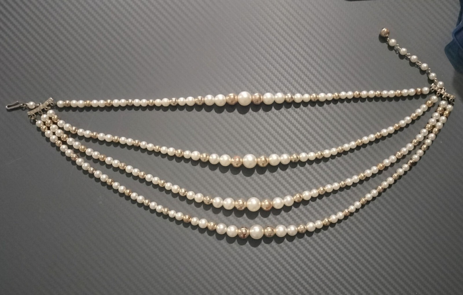 Vintage Multi Strand Faux Pearl Necklace White Gold Tone Decorative Hook Clasp 1