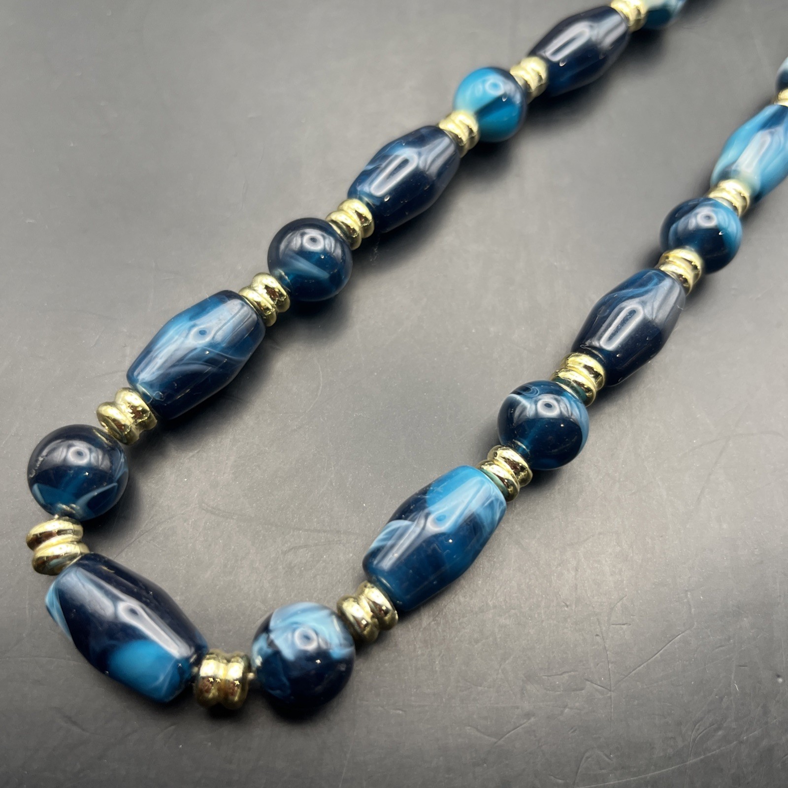 Dark Teal Blue Plastic Bead Necklace Long Gold Tone Abstract 25 In Bold Vintage