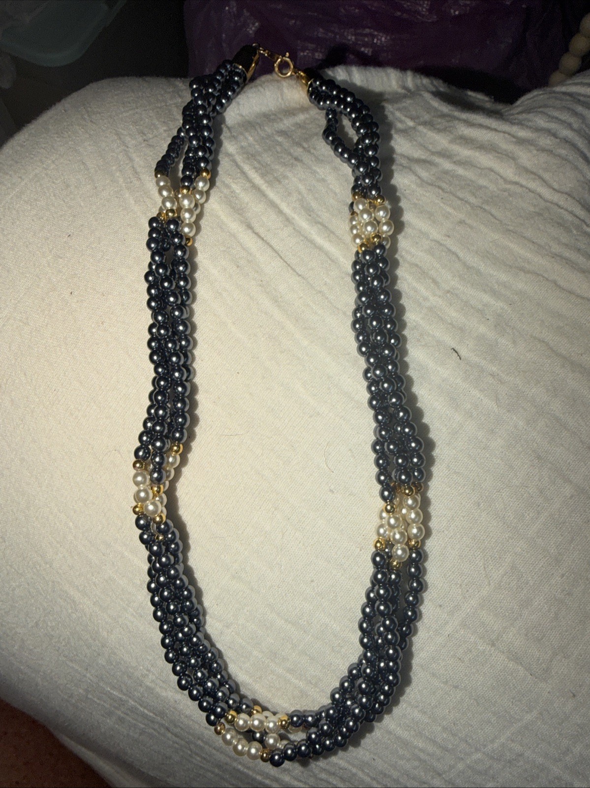 Vintage Seed Bead Choker Parklane Faux Pearl White Blue Grey Gold Multi Strand