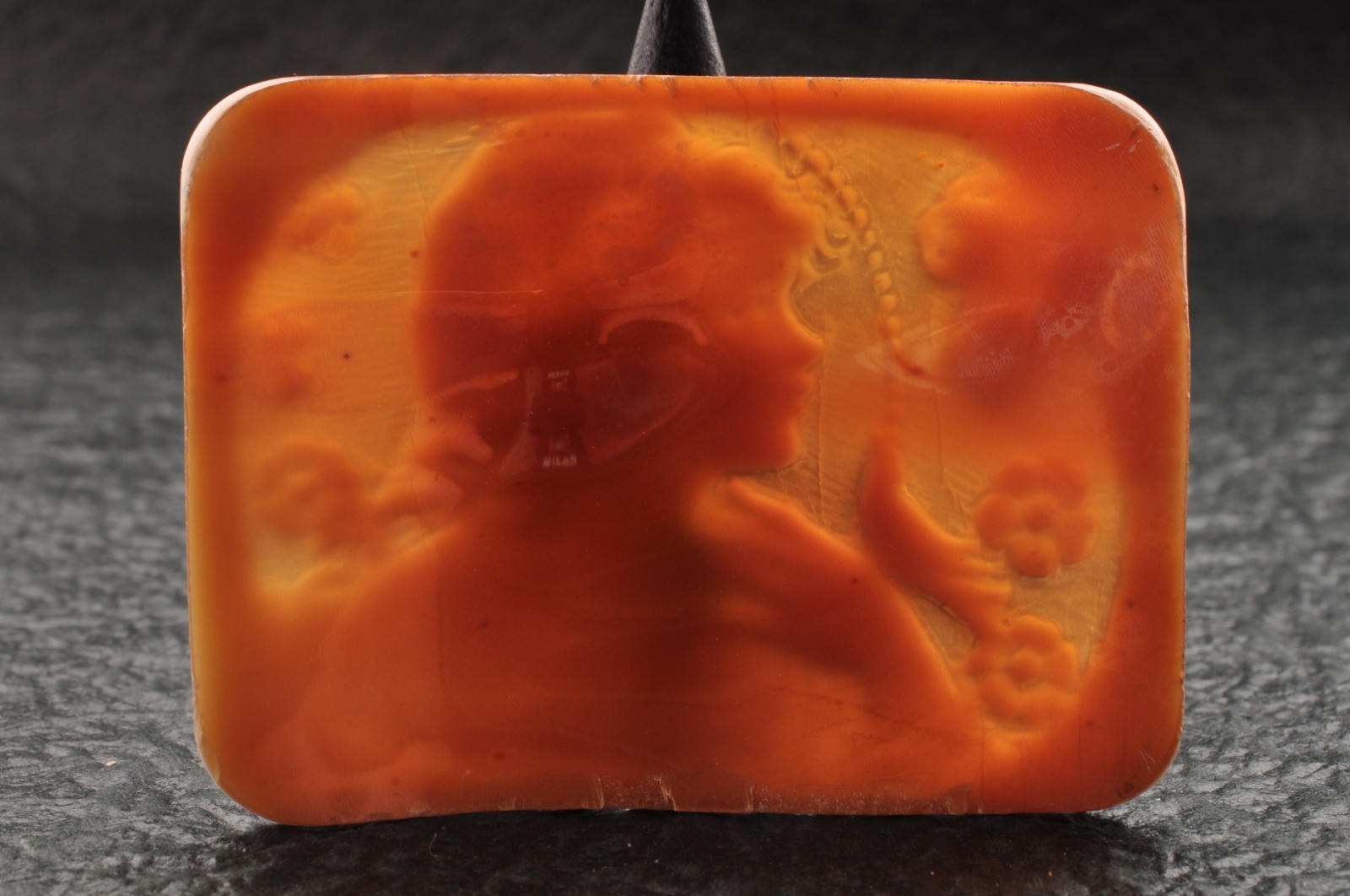 Vintage square shell cameo “Girl and little bird” (57.5ct) sign by artist, case.