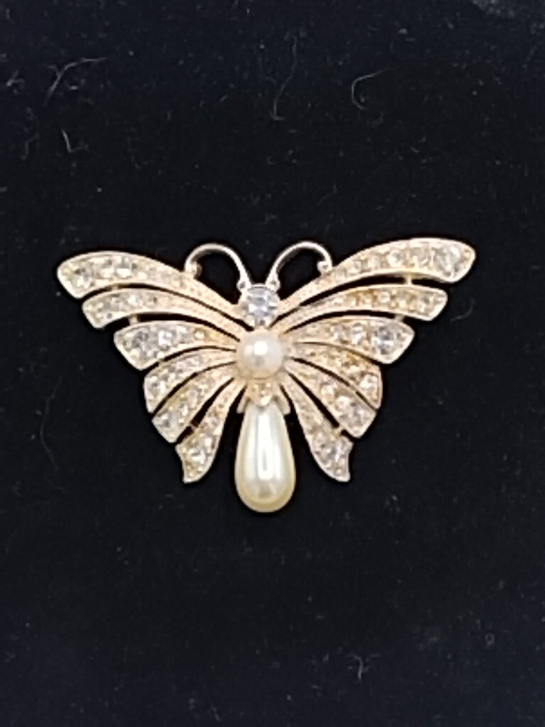 Vintage Butterfly Brooch Faux Pearl and Rhinestone Open Work Design.Silver Tone