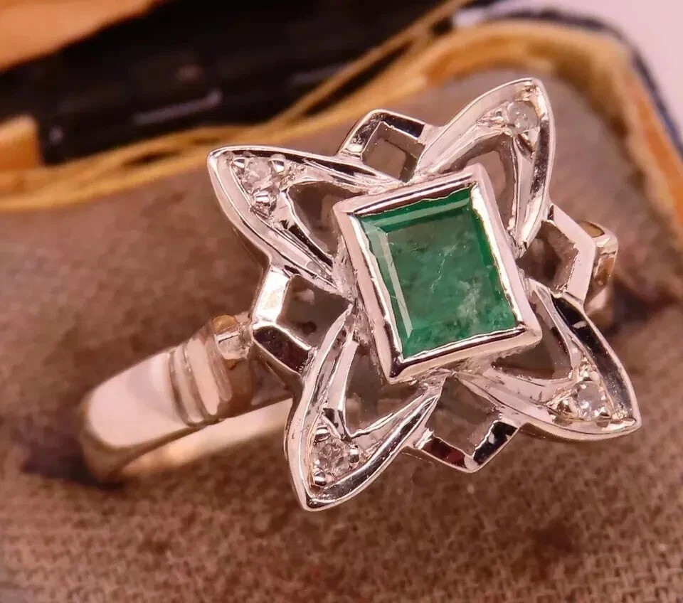 Vintage Art Deco Style Green Lab Created Emerald Wedding 14K White Gold FN Ring