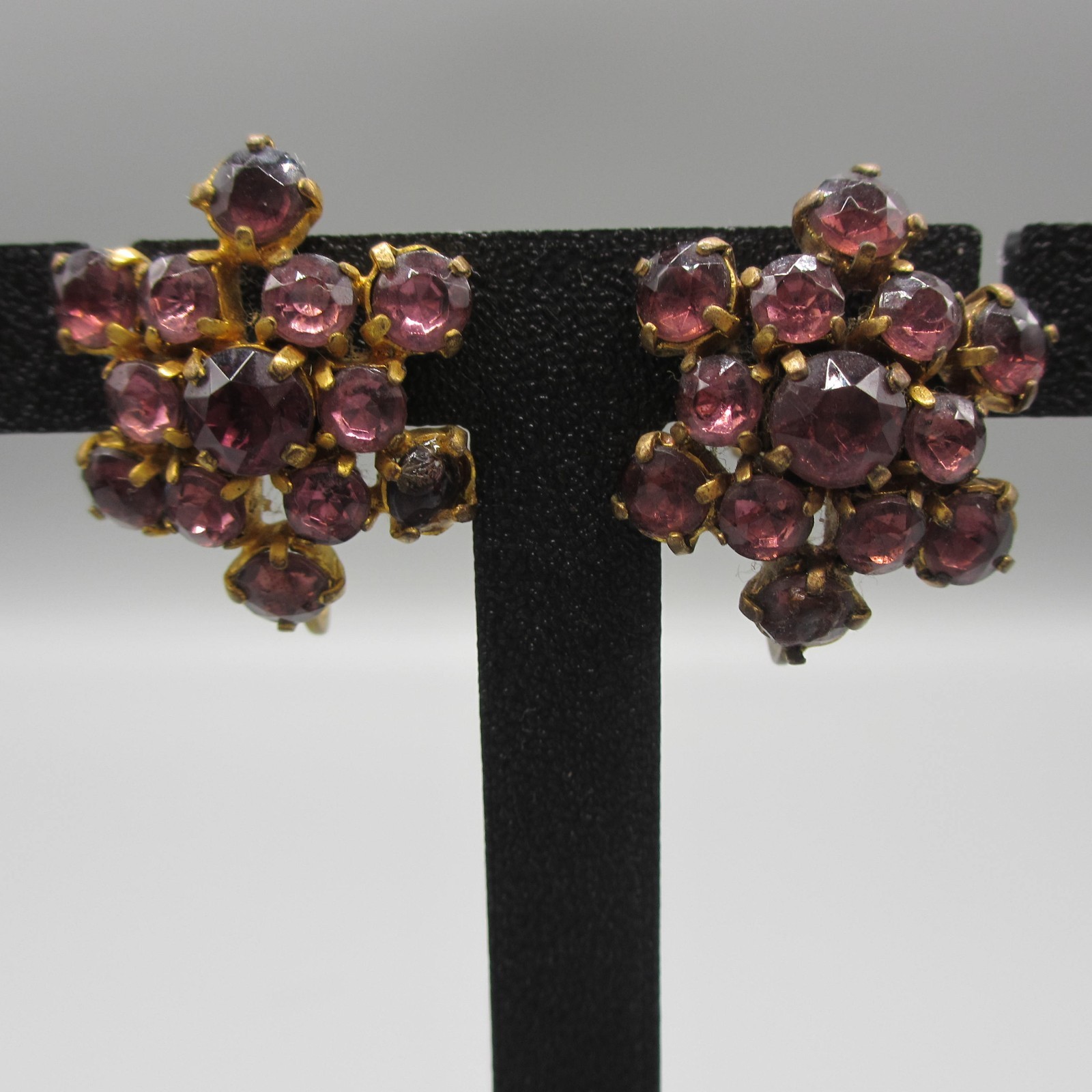 Vintage West Germany Earrings Rhinestone Cluster Purple Screwback
