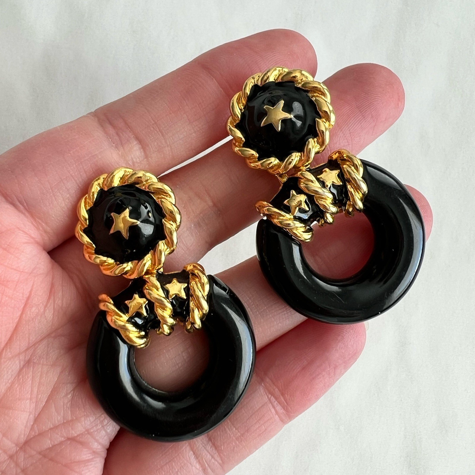 Vintage Gold Tone Black Enamel Celestial Star Door Knocker Drop Earrings 80s