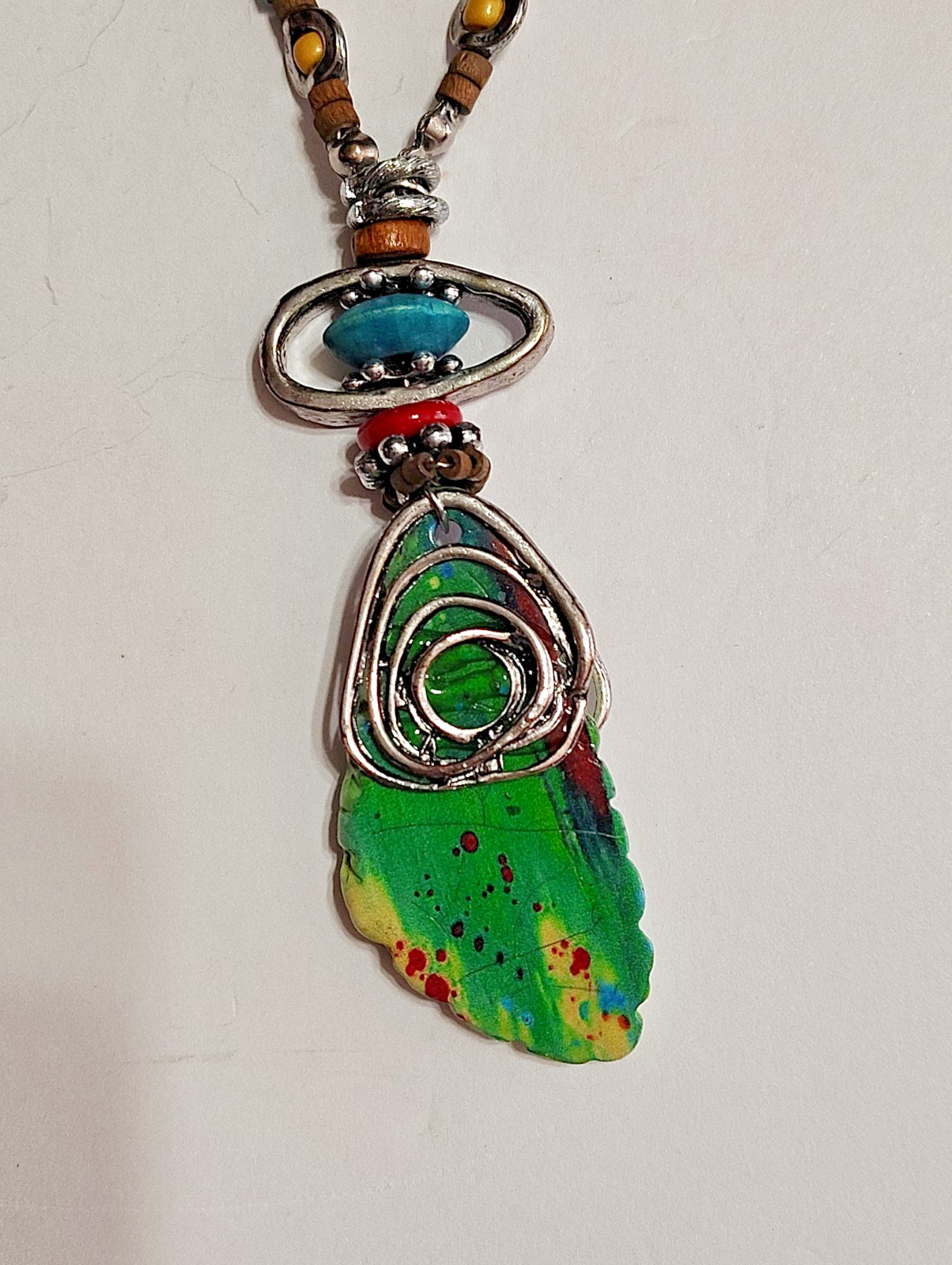 Treska Signed Boho Single Strand Multicolor Beaded Necklace w/ Resin Pendant