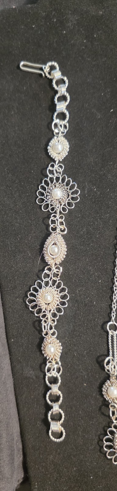 ANTIQUE 1930S FILIGREE BRIGHT SILVER WIRE WORK LARIAT NECKLACE FAUX PEARL EUC