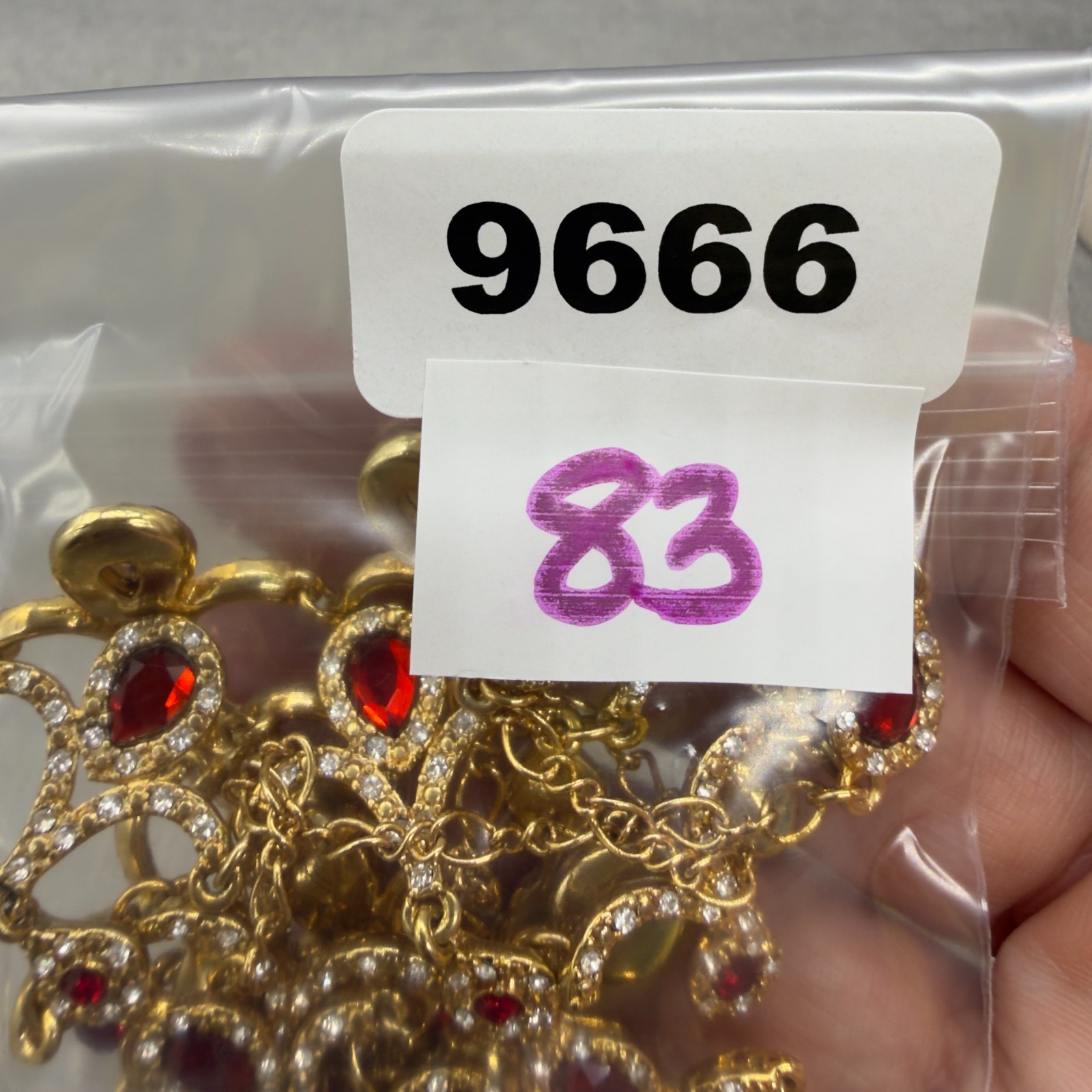 Vintage Bib Necklace Red Clear Rhinestones Gold Tone Dangles 17 Inch Adjustable