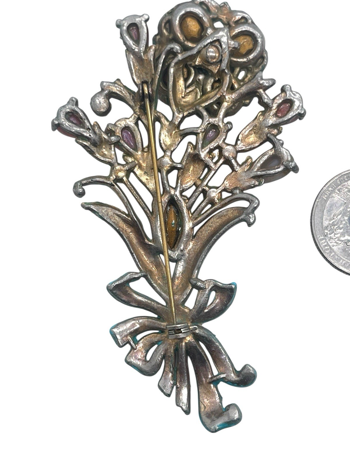 1940’s Figural Rhinestone Flower Brooch, Enamel, Opaline Glass Teardrop Stones
