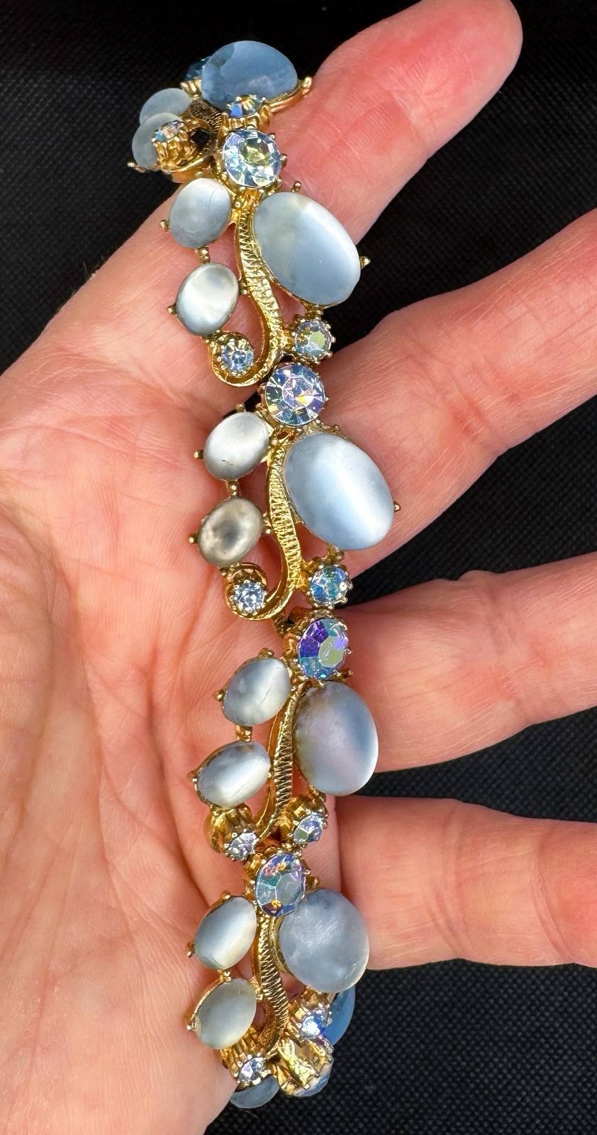 Vintage Blue Moonstone Cabochon Bracelet AB Rhinestones Gold Tone Mid Century