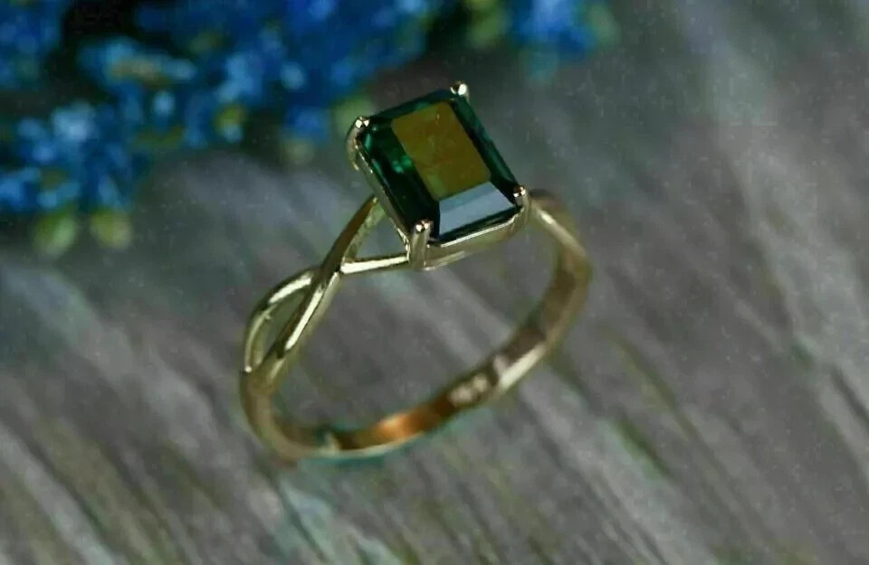 Art Deco Style Emerald Lab Created Diamond 14K Yellow Gold FN Anniversary Ring