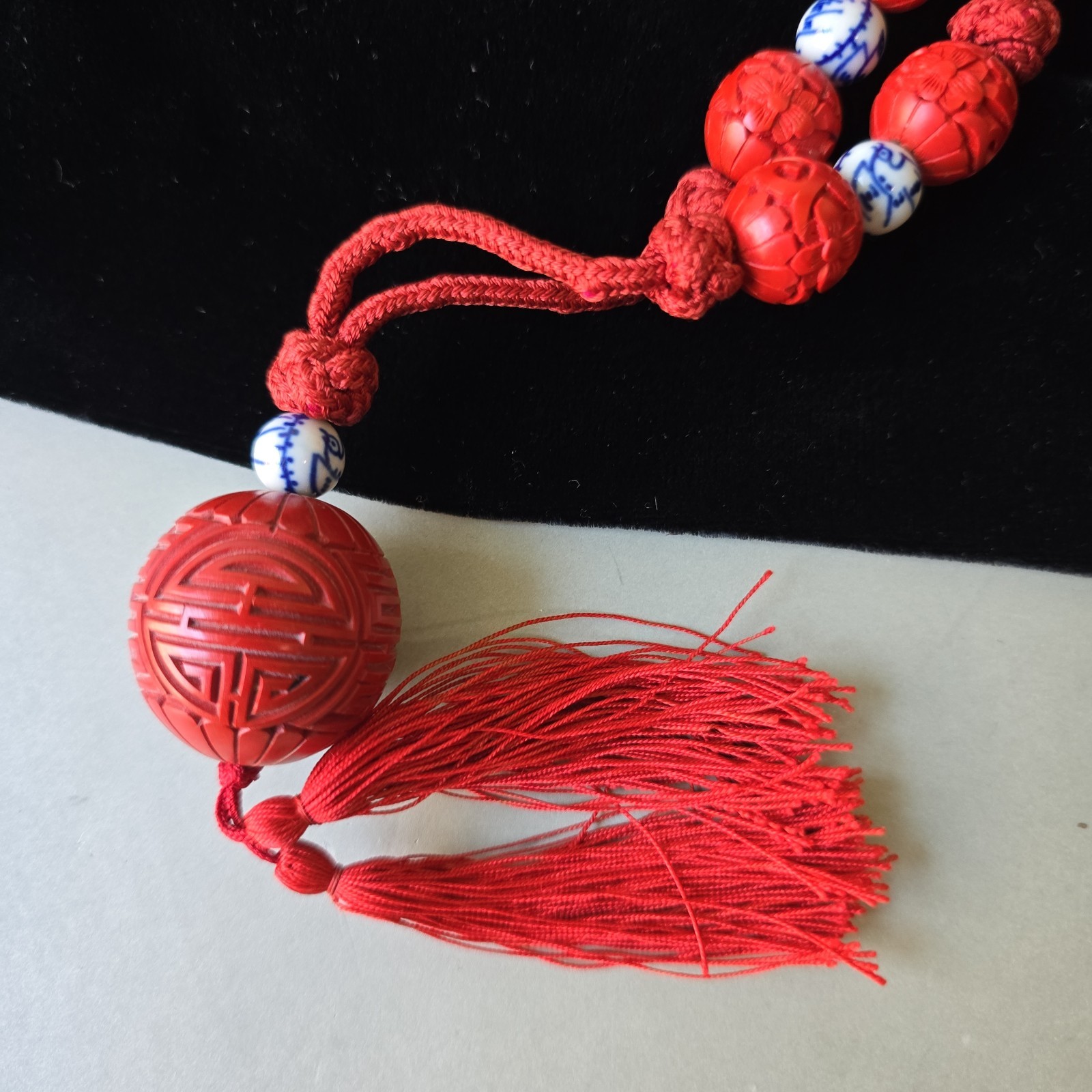 Vintage Asian Cinnabar Beads Red Cord Silk Tassel Necklace 28″L Pull On