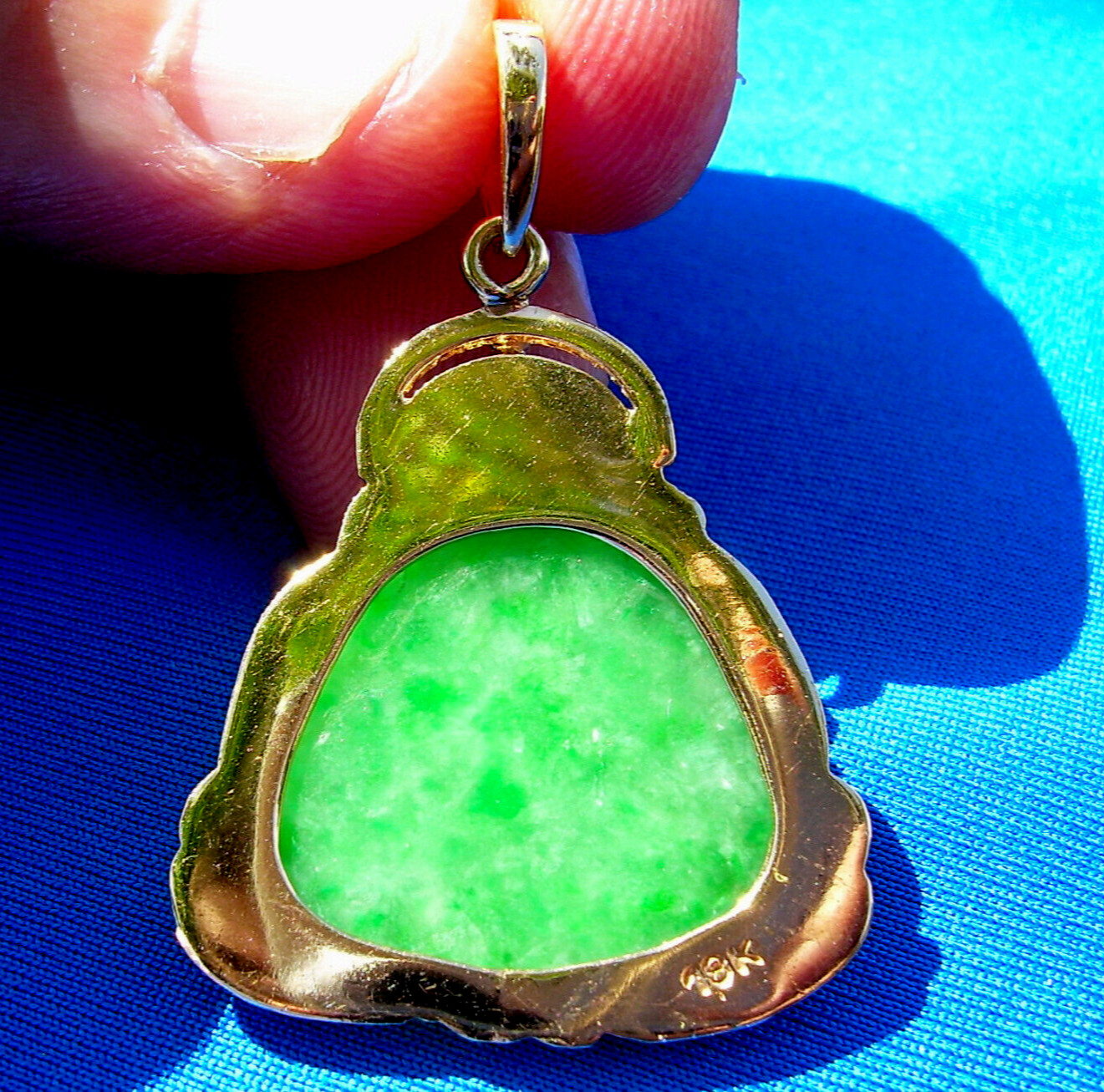 EARTH MINED Green JADE Laughing Budai Pu Tai Vintage Pendant 18K GOLD Good Luck