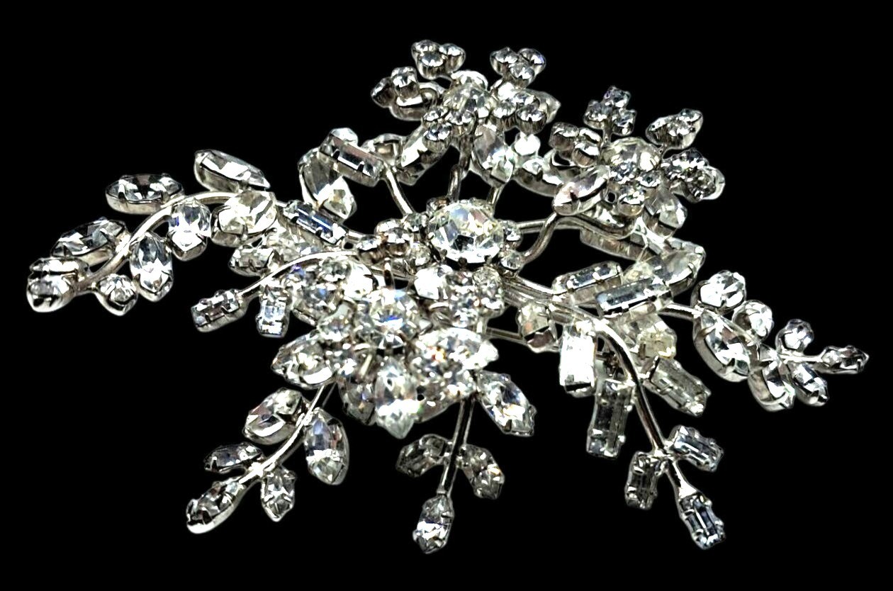 Vintage Rhinestone Floral Brooch Massive Pin Austria ? Costume Jewelry