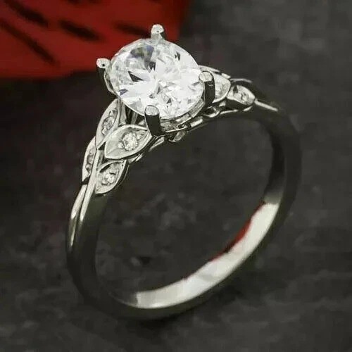 Art Deco Vintage 1.5Ct Oval Lab Created Diamond 14K White Gold FN Wedding Ring