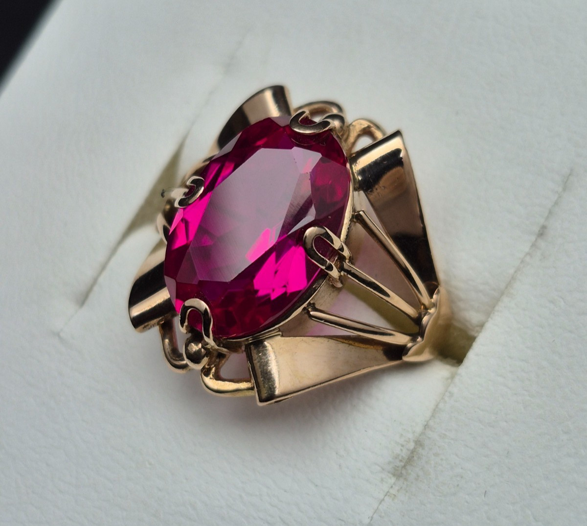 Vintage Soviet 14K Rose Gold Ring 583 with Ruby Stone • Original USSR Jewelry